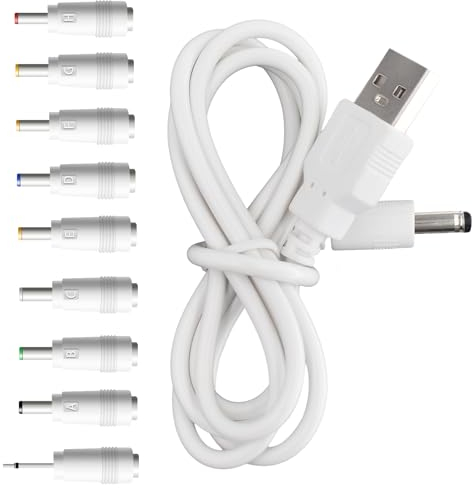 BOEEA 5V DC Power Cord Replacement Charger, USB to DC Plug Charging Cord with 9 Connectors Adapters for Moon Lamp, Massage Wand, Router, LED Light,Speaker and More Devices (White)