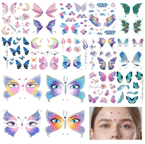 16 Stück Gesicht Temporäre Tattoos Set, Wasserdicht Körper Tattoo Gesicht, Glitzer Schmetterling Tattoo, Engelsflügel Gesicht Aufkleber für Karneval, Ball, Party, Make-up, kinder, Frauen, Mädchen