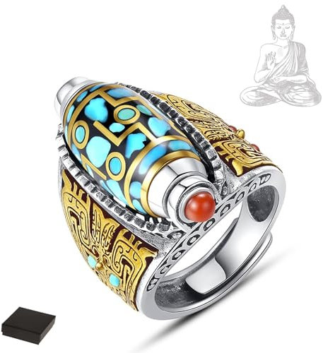 Bague de perles Dzi à neuf yeux turquoise à six caractères mantra, anneau rotatif réglable de perles Dzi tibétaines à neuf yeux, bague bouddhiste Feng Shui, bague d'amulette de méditation (A)