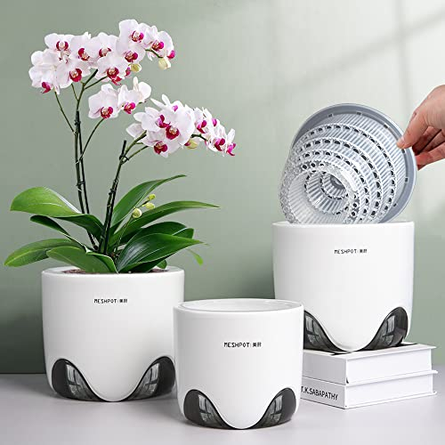 Meshpot 4 inch Orchid Pot with Holes for Repotting, Double Layer Plastic Imitate Ceramic Planter, Clear Orchid Pot Match Decorative Container