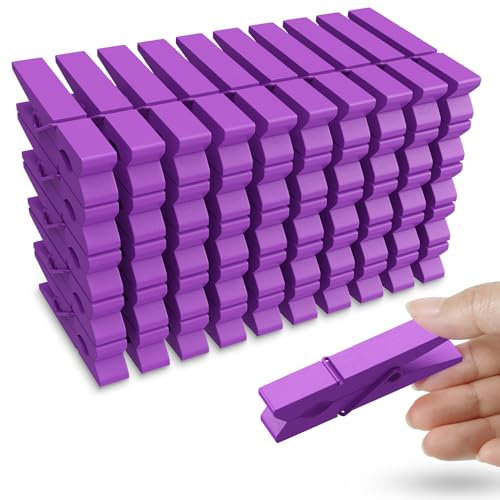 Lot de 50 pinces à linge en bois colorées, 7,4 cm, violettes, pour photos, décoratives, petites épingles à linge colorées en bois