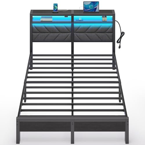 Seventable Bettrahmen Queen Size mit Ladestation, LED-Bett mit gepolstertem Stauraum, Metall-Plattformbett mit Stauraum unter dem Bett, kein Boxspringbett erforderlich, geräuschfrei, einfache Montage,