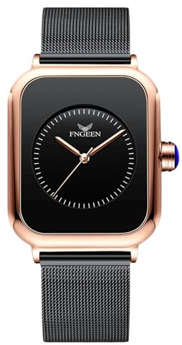 rorios Damen Analog Quarz Armbanduhren Frauen Minimalistisch Uhr Mode Elegant Damenuhren Edelstahl Rechteck Uhr mit Mesh Armband Schwarz Gold A