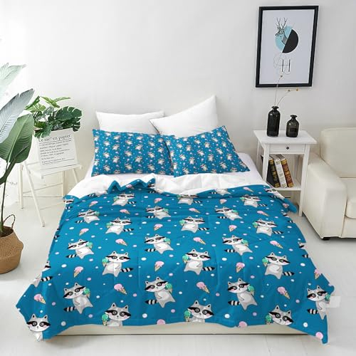 ANHOPE Cartoon Tier Waschbär EIS Bettwäsche Set 3 Teilig Bettbezug 200x200 cm + 2 Kissenbezug 80x80 cm Weich Microfaser Bettbezüge mit Reißverschluss Bettdeckenbezug Set für Kinder Jungen Mädchen