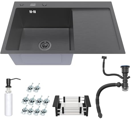 ANW HOME Küchenspüle Edelstahl, Spülbecken mit Abtropffläche, Einbauspüle 1 Becken, 78x50LB cm, Graphit PVD, Nano-Beschichtung, Materialstärke 3.0/1 mm, mit Siphon, Seifenspender und Korb