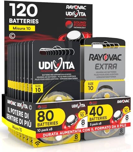 120 Batteries for Hearing Aid Size 10 (Yellow) PR70 Zinc-Air with Sound Fusion Technology - 120 Batteries: 80 Rayovac + 40 Udivita