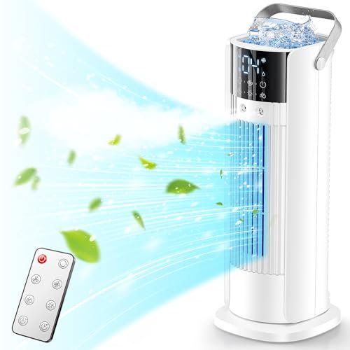 Evaporative Air Cooler, Portable Tower Fan, 4 Speeds Air Conditioner, Remote Control, Automatic Oscillation & 10 Hour Timer, Natural and Humidification for Home and Office White