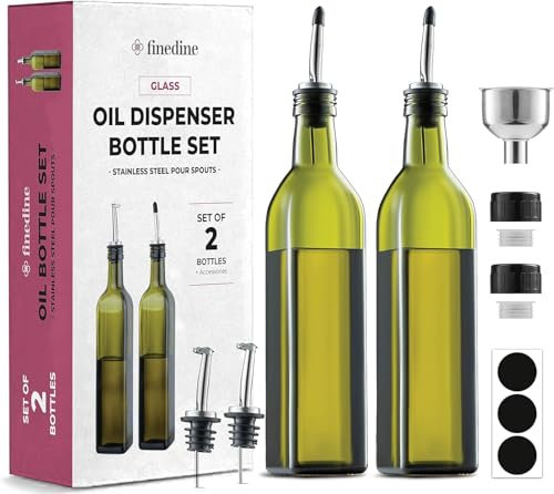 Olive Oil Dispenser Bottle Set - 500 ml Glass Kitchen Bottle with 4 Pouring Spouts, Funnel & Labels, for Oil and Vinegar - Reusable Airtight Leakproof Cruet (Dark Green)