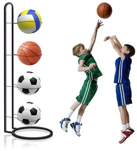 YapitHome 4-Stufiger Ballständer,Stehendes Ballregal,Abnehmbare Basketball Halter,Lagiger Ballständer für Fußball,Basketball,Volleyball,Innenbereich