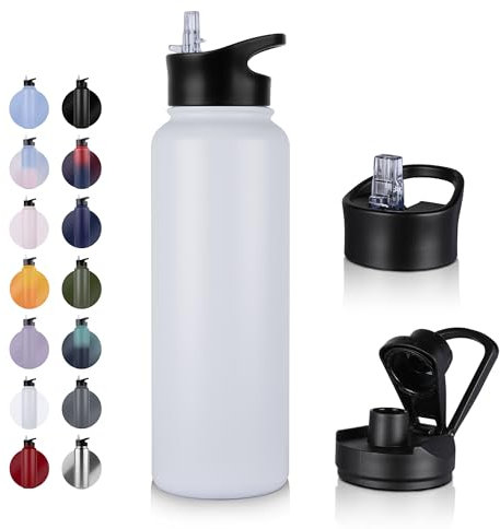 UMBFUN Insulated Water Bottle - 1.2L 2 Lids (Straw Lid and Spout Lid) - with Straw,Stainless Steel Double-Walled Insulated Vacuum Leakproof,BPA Free,Drink Flask for Travel Sports Gym Camping Hiking