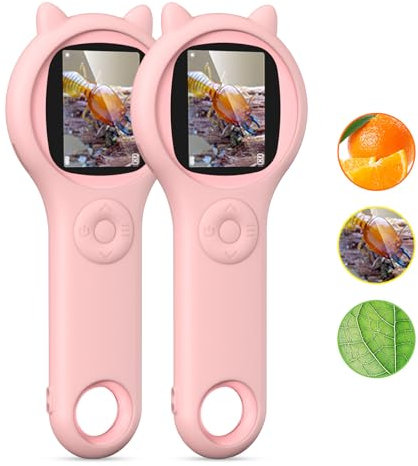 Ashfly 2 microscopios para niños con Pantalla IPS de 2,0 Pulgadas, 200 x microscopio de Bolsillo con 8 LED, Conectable a PC, microscopio para niños a Partir de 3 años, Rosa
