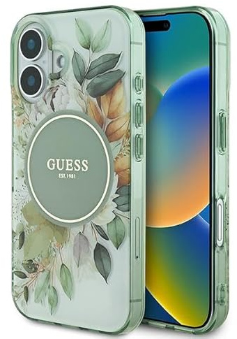 CG MOBILE Guess GUHMP16SHFWBDCEN Hülle für iPhone 16 6.1 Grün hardcase IML Flower & Tonal Circle