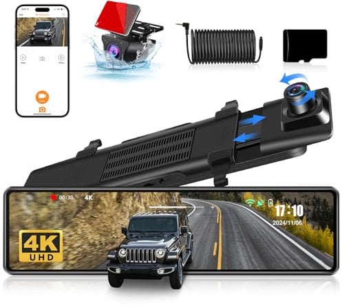 【WiFi 4K】12 Rear View Mirror Dash Cam Front and Rear with 64GB Card Super Night Vision/G-Sensor/Loop Recording/WDR & HDR Dash Camera for Cars Trucks
