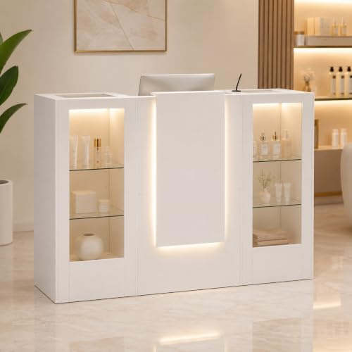 DEZAGCE Mesa de recepción blanca con barra de luz, mostrador de recepción, mesa de recepción, mesa de recepción, mesa de recepción con 2 armarios y 1 cajón de teclado, 150 x 52 x 100 cm, color blanco