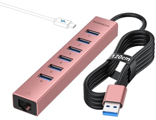 Aluminum USB 3.0 Adapter USB to Ethernet HUB with 120CM Long Cable for Laptop USB Extender with Gigabit Ethernet Port and 5V/3A Power Port 7 Ports USB Hub for iMac PC Flash Drives (Rose Gold)