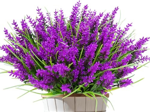 Kinisty 12 Bündel Kunstblumen wie Echt Künstliche Blumen Lavendel Outdoor Wetterfest Balkonpflanzen Frühling Plastikblumen Blumenstrauß für Draußen Balkonkasten Balkon Garten Deko