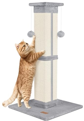 Fopetfy Cat Scratching Post 33 inch for Indoor Cats, High Cat Scratch Post Grey, Cat Tree for Full-Body Stretching, Protect Your Furniture