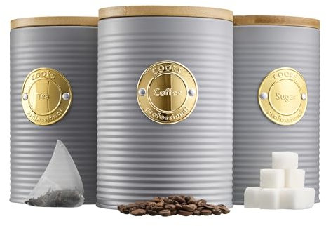 Cooks Professional 3 Piece Ribbed Tea, Coffee, & Sugar Cannisters with Air-Tight Bamboo Lids | Stainless Steel Kitchen Storage Bin Set | Modern & Stylish | Grey & Gold