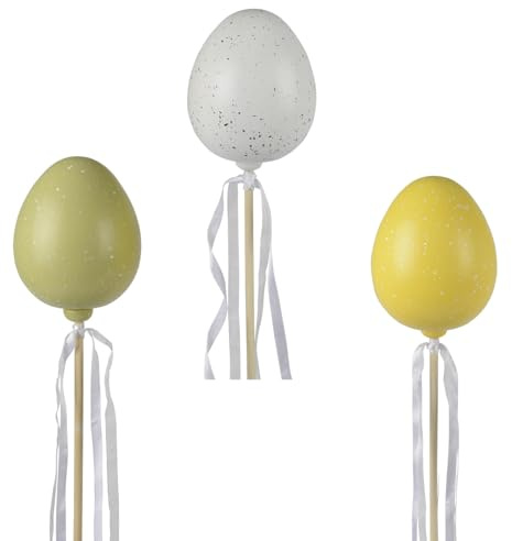 dekorativer frühlingshafter Deko Stecker Oster-Stecker Garten-Stecker Osterei im 3-er Set ca. 15 x 12 x 60 cm in 2 verschiedenen Sets (3 x weiß grün gelb)