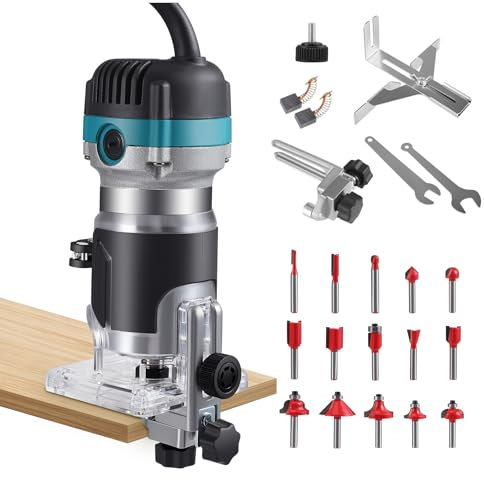 Wood Palm Router Tool, 800W 30000RPM Electric Hand Trimmer, Woodworking Handheld Router Tool Set 1/4 with 6 Variable Speed, Trimmer Base, Auxiliary Guide, Wrench, Carbon Brush