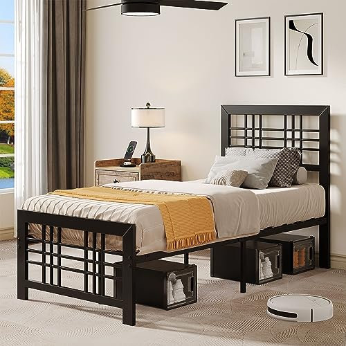 YITAHOME Metal Single Bed Frame, 91cm, Modern Style with Headboard and Footboard, Solid Slat Frame Platform with Large Base, Black, Ideal for Bedrooms