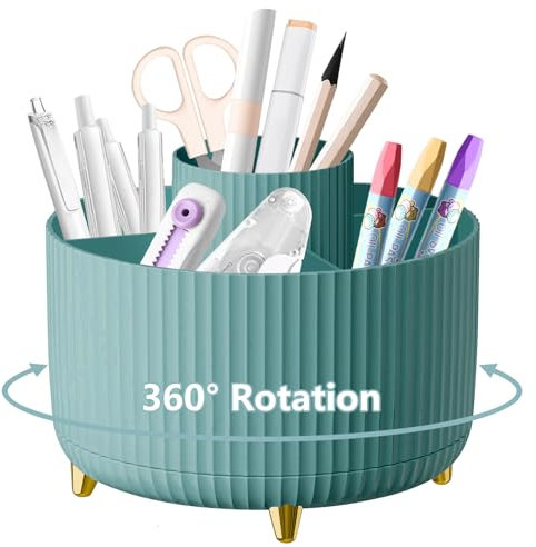 Organiseur de bureau, rotatif à 360°, pot à stylos, pinceaux de maquillage avec 5 compartiments, rangement de fournitures de bureau, porte-crayons pour bureau, maison, école, bureau (bleu)