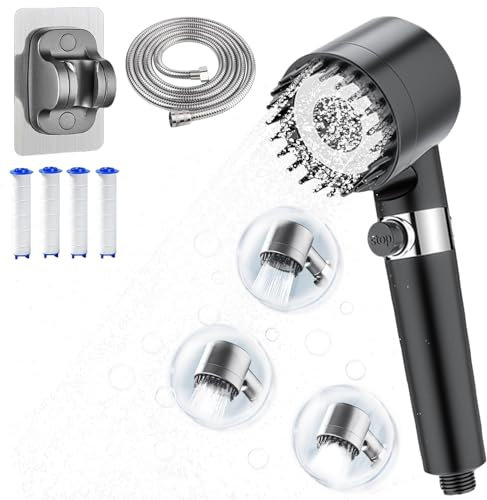 Soffione Doccia ad Alta Pressione, Soffione Doccia con tubo, Soffione Doccia con Filtro a 15 Fasi, Soffione Doccia Anticalcare, Doccetta regolabile e a risparmio d'acqua, 3 + 1 Tipi di Getti
