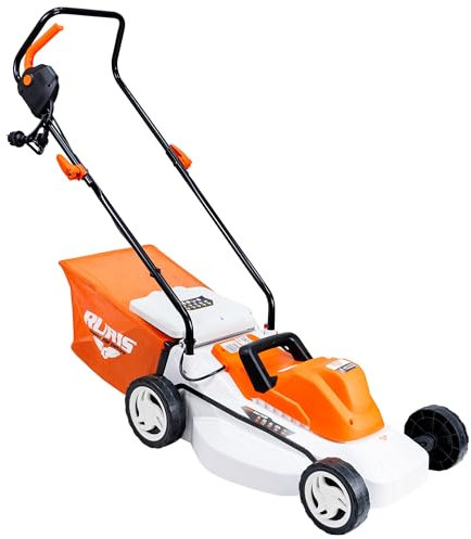 RURIS Tondeuse à Gazon Électrique RXE1500 1500W, Largeur de Coupe 370 mm, Hauteur Réglable 25-75 mm, Bac de Ramassage 35 L, 3300 TR/Min, Orange