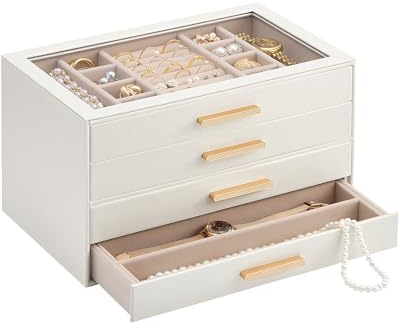 Lolalet Schmuckkästchen, Schmuckbox Schmuck Organizer mit Glasdeckel, Schmuckaufbewahrung mit 4 Ebenen, Schmuckkasten für Halsketten Ohrringe Armbänder- Beige