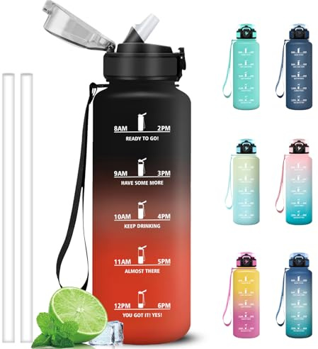 Grsta Gourde 1,5l, Anti Fuite Gourde Sport, avec Marqueur de Temps, Gourdes Graduée pour 1 Journee, Verrou de Sécurité, Bouteille Motivation avec Paille pour Fitness, Plein Air, Velo