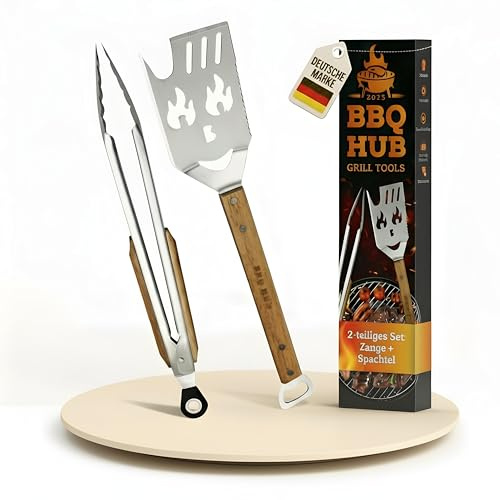 7in1 Grillspachtel Set Edelstahl mit Grillzange, Grill Zubehör Geschenk | Edelstahl Grillwender, Holzgriff, Für Gasgrill & Plancha, Grillbesteck Set, Vatertagsgeschenk, Outdoorküche