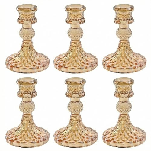 Olrla Juego 6 Portavelas Cristal Ámbar Transparente para Velas Varilla | aspecto elegante para velas de varilla. Ideales para decoración de mesa en bodas, Navidad y hogar