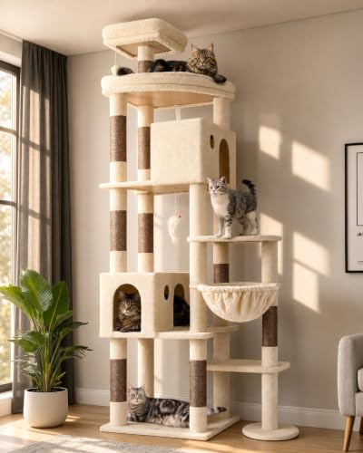 Globlazer F83 Cat Tree Tower 213 cm Multiple Lounging Areas for Large Cats | Sturdy Cat Tree with 2 Cat Caves, Platform 55*45 CM, Sisal Scratcher Posts,hanging basket, Stable Cat Towewr Easy to Assemble