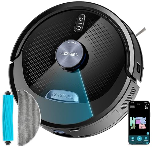 Cecotec Robot Aspirador y Friegasuelos con IA Conga M90 Dark. Navegación Láser, Succión del Motor 25000Pa, Autonomía 240mins, Cepillo Silicona, para Mascotas, Bluetooth y WiFi, Control App