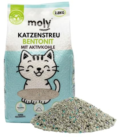 MOLY Bentonit-Katzenstreu mit Aktivkohle, 2,8 kg, hohe Absorption, vollständige Geruchskontrolle, staubarm, hygienisches Mineralbett