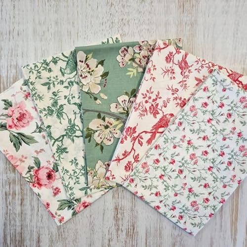Stoffpaket Romantik – 5 Baumwollstoffe je 50x80 cm – Patchwork & Quilten – Romantische Blumen- & Vogelmuster – 100% Baumwolle – Ideal für Taschen, Kissen & Furoshiki Geschenkverpackung Werthers Stoffe