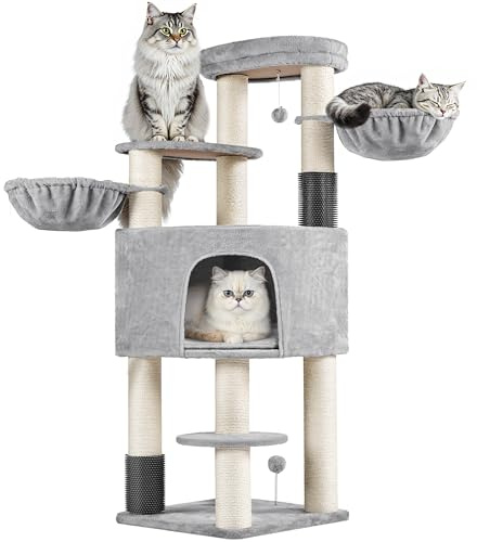 Yaheetech Grand Arbre à Chat avec Griffoirs, Niche, Paniers, Perchoir, Jouets Brosse pour Chat 25 KG, 56×56×160 cm, Poteaux en Sisal 11 cm Ø, Tour de Jeux Solide pour Les Maine Coons Gris Clair/Beige