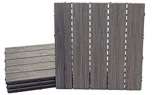 BERLINLODGE WPC Bodenfliese | 4x je BxT 50x50cm = 1qm | Holzoptik Balkon/Terrasse | 3D-Struktur linear | Antik-Braun