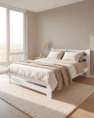 EcoBeds EKO Holzbett 120x200 cm Kiefer Massivholz bis 200 kg | Weiß - Französisches Bett, Bettgestell mit Lattenrost und Stauraum, für Erwachsene, robust, einfache Montage
