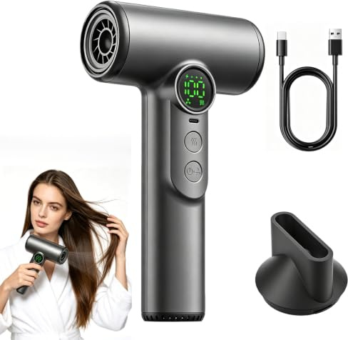 Cordless Hair Dryer, Portable Rechargeable Blow Dryer for Travel, Outdoor | travel hair dryer cordless for women with digital screen, 3 heat & speed, usb charging, hair dryer for home, dorm, camping