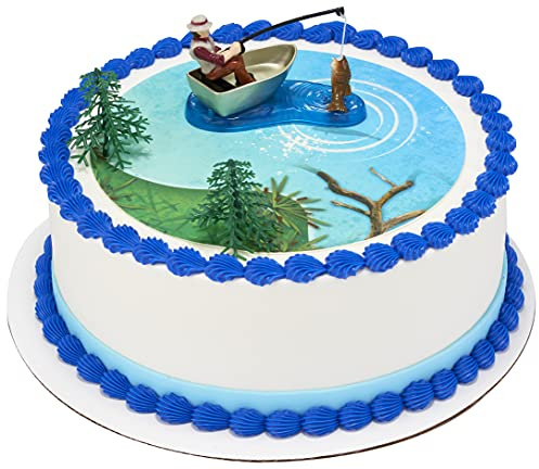 DecoPac Fisherman Topper, 4 Piece Cake Decoration, Fisherman in a Boat, Fish, Two Trees, Fishing Enthusiast, Reusable, Food Safe Multicoloured