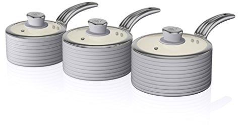 Swan SWPS3020GRN Retro Induction Saucepan Set With Glass Lids, Non Stick Ceramic Coating, Easy to Clean, Grey, 3 Piece, 16/18/20 cm