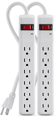 Belkin Power Strip Surge Protector - 6 AC Multiple Outlets, 2 ft Long Heavy Duty Metal Extension Cord for Home, Office, Travel, Computer Desktop & Phone Charging Brick - 200 Joules, White (2 Pack)