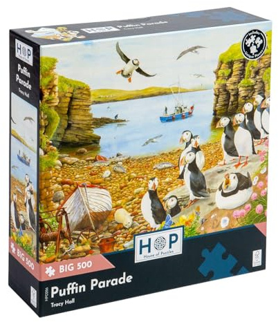 The House of Puzzles Puffin Parade, Big 500 Piece Jigsaw | Extra Large Pieces, Artist Illustrated, Scenic Landscape, Deluxe Puzzle Gift for Adults