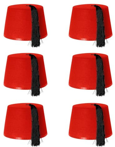6 X FEZ HUT ROT KOSTÜM ZUBEHÖR HUT ROT MIT SCHWARZ QUASTE UNISEX FILZ HUT HERREN & DAMEN