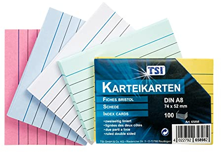 TSI Karteikarten bunt sortiert, 100er Packung, liniert, Größe: DIN A8 (74 x 52 mm), Art. Nr. 65898