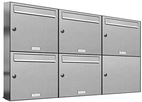 AL Briefkastensysteme 5er Briefkastenanlage aus V2A Edelstahl, Premium Briefkasten DIN A4, 5 Fach Postkasten modern Aufputz