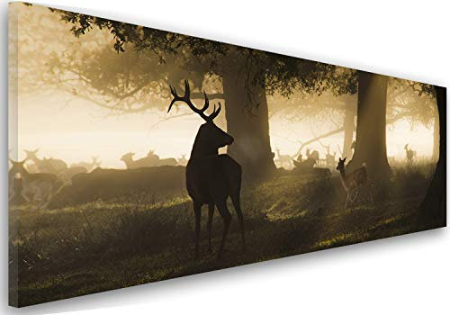 Feeby Bilder Wald Bäume Gras 70x25 cm Wohnzimmer Schlafzimmer Büro Flur Küche Wandbilder Modern Bild auf Leinwand Wanddekoration Kunstdruck Design Hirsch Rehe Tiere Natur Braun Grün