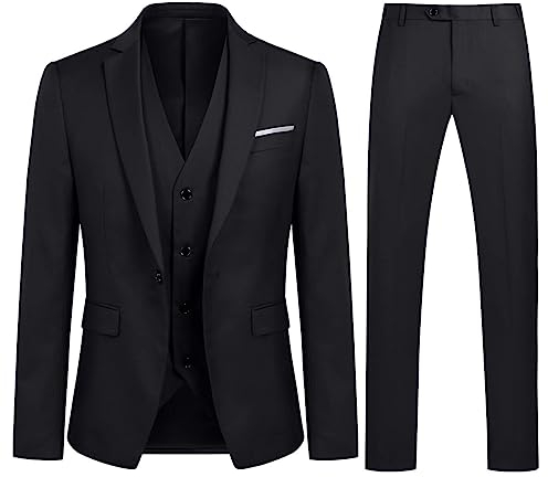 Costume Homme Mariage 3 Pièces Slim Fit Smoking Costumes Couleur Pure Formel Veste Gilet et Pantalon Homme, Noir, L