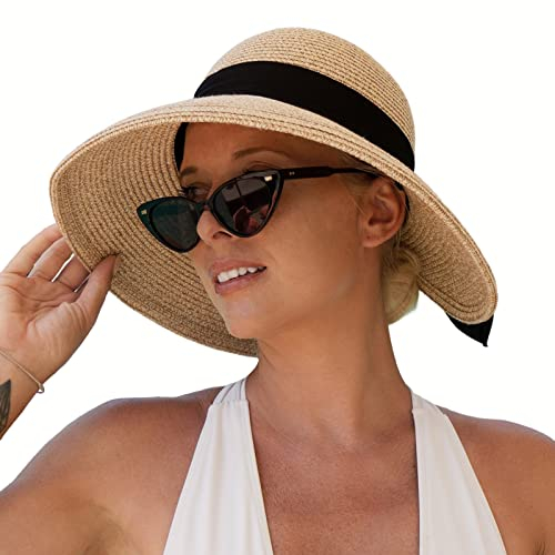 Comhats Faltbarer Strohhut Sommerhut UPF 50 + mit Sonnen Shade breite Krempe Damen Beige L